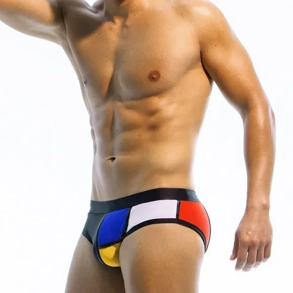 Men's low rise contoured Mondrian color blocked swim briefs speedo Black Size M - Picture 1 of 6